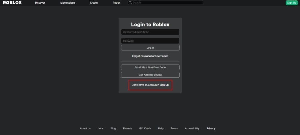 Roblox Sign Up Page