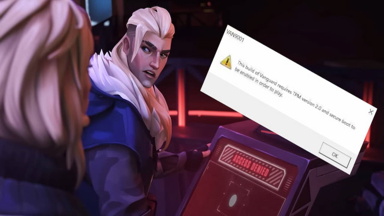 Sova looks at Deadlock in frustration while at a computer terminal, VALORANT error VAN9001 superimposed