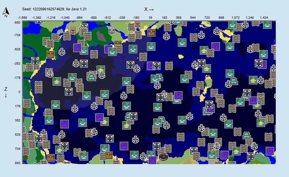 Village with Stronghold and Ocean Monuments Seed Code: 1222090162574629 (Image Credit: Screengrab via Chunkbase)