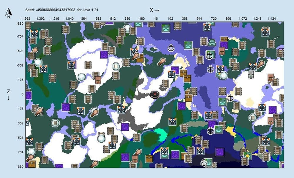 Snowy Biome Seed Code: -4560888664943817908 (Image Credit: Screengrab via Chunkbase)