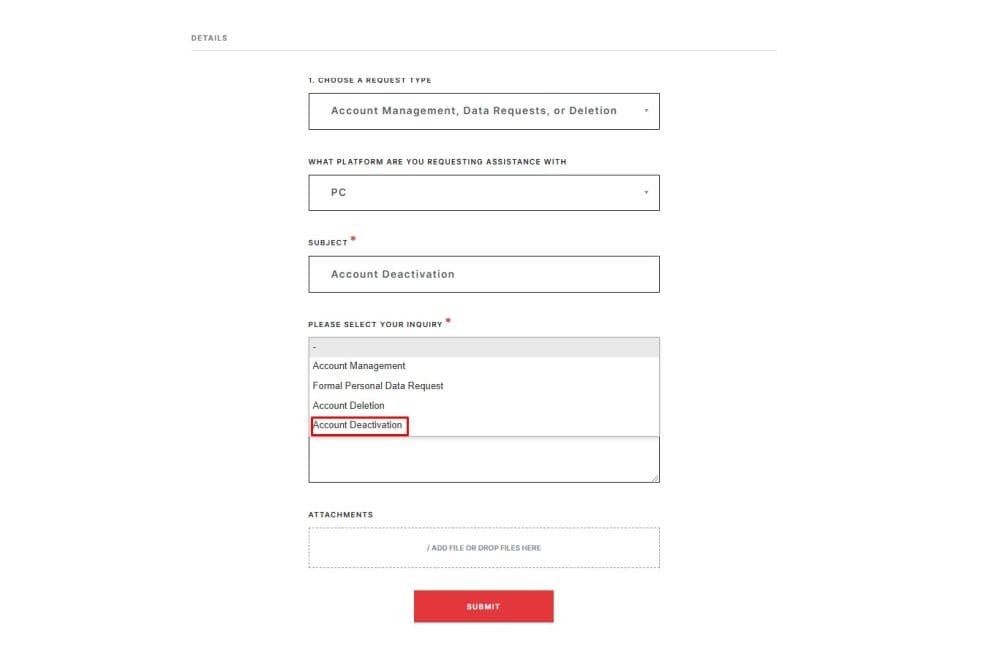 Select “Account Deactivation” from the drop-down menu and fill in the description box, explaining what you want from the support. (Screengrab via Riot Games)