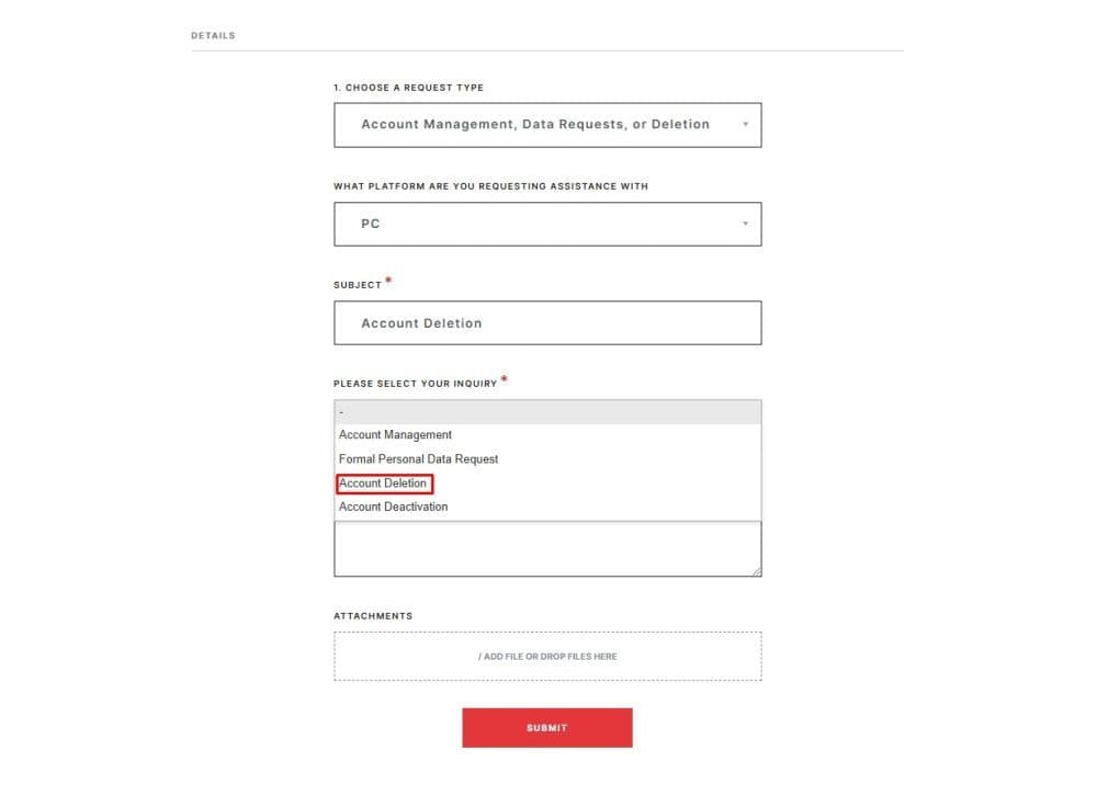 Select “Account Deletion” and add the relevant information as shown in the guide, then submit your ticket (Screengrab via Riot Games)