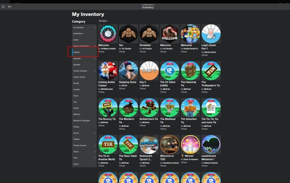 Badges can also be found on your inventory page, you can check out your badges to see the games you recently played (Screengrab via Roblox)