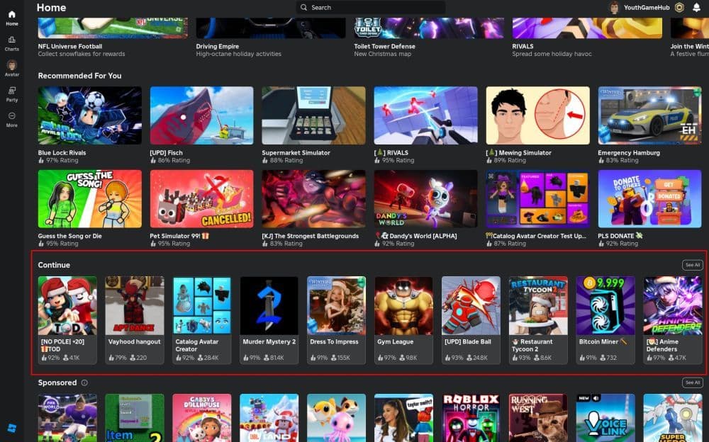 If you scroll down a little, you will see the “Continue” section somewhere in the middle (Screengrab via Roblox)