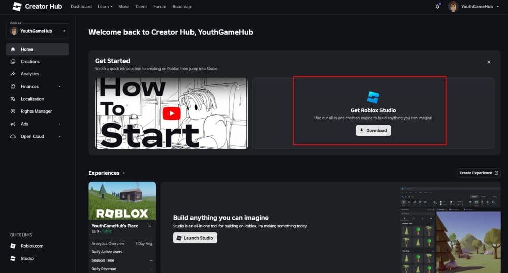 Click “Download” to get Roblox Studio on your operating system (Screenshot via Roblox)