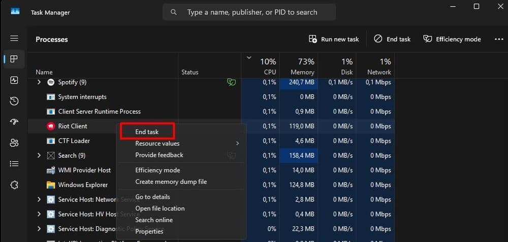 Make sure to end the Riot Client task through Task Manager on your Windows PC (Image Credit: THESPIKEGG)