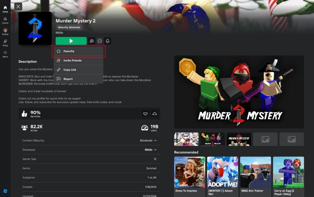 You can fo to a game’s page, click on the three-dot icon you see in the image and hit “Favorite” to save (Screengrab via Roblox)
