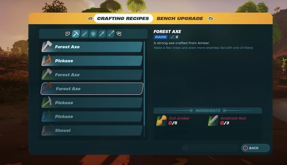 You need to use a Rare Forest Axe to get flexwood in LEGO Fortnite (Image Credit: Perfect Score/YouTube)