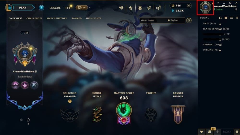 Click on the profile icon at the top right of your page (Screengrab via Riot Games)