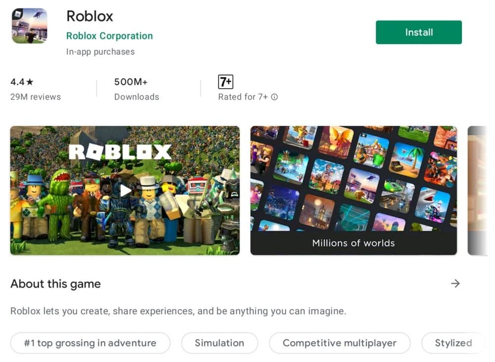 Roblox app may not be available on Google Play Store in your region, please double check that beforehand (Image Credit: Google Play Store)