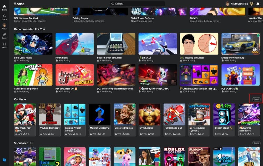 Click “See All” if you are looking for a game that you played a while ago (Screengrab via Roblox)